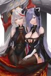  2girls absurdly_long_hair absurdres aegir_(azur_lane) august_von_parseval_(azur_lane) azur_lane bare_shoulders black_cape black_dress black_gloves bodystocking breast_curtains breasts brown_legwear cape cleavage covered_navel cross cross_earrings demon_horns dress earrings gloves gold_trim hair_over_one_eye highres horns ichikushi_mojibake iron_cross jewelry large_breasts long_hair looking_at_viewer mechanical_dragon mechanical_horns microdress multicolored_hair multiple_girls purple_eyes purple_hair red_hair revealing_clothes shiny shiny_skin simple_background sleeves streaked_hair thighhighs two-tone_hair very_long_hair white_gloves white_hair yellow_eyes 