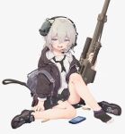  1girl :d absurdres ahoge backpack bag black_neckwear black_skirt bolt_action cheytac_m200 collarbone collared_shirt commentary_request full_body girls&#039;_frontline greentree grey_hair gun hair_between_eyes headset highres jacket korean_commentary legs long_hair looking_at_viewer loose_necktie m200_(girls&#039;_frontline) messy_hair necktie off_shoulder open_clothes open_jacket open_mouth pleated_skirt ponytail purple_eyes rifle shell_casing shirt shoes single_shoe sitting skirt smile sniper_rifle socks solo torn_clothes torn_footwear torn_necktie torn_skirt weapon white_shirt 