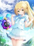  1girl bangs blonde_hair blue_sky braid closed_mouth cloud cloudy_sky cosmog day drawstring eyebrows_visible_through_hair gen_7_pokemon green_eyes hands_up legendary_pokemon lillie_(pokemon) long_hair looking_at_viewer murano outdoors pleated_skirt pokemon pokemon_(creature) pokemon_(game) pokemon_sm ponytail puffy_short_sleeves puffy_sleeves shirt short_sleeves skirt sky smile sparkle very_long_hair white_shirt white_skirt 