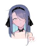  1girl :t bare_shoulders black_choker black_hairband blue_hair blush choker collarbone commentary_request dated eyebrows_visible_through_hair eyes_visible_through_hair gangzi_(vtuber) hair_over_one_eye hairband hayoou02 highres indie_virtual_youtuber korean_commentary long_hair one_eye_covered portrait pout sideways_glance signature simple_background solo virtual_youtuber white_background yellow_eyes 