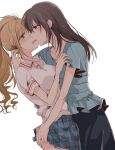  2girls azuko_(ampenm) blue_eyes blush brown_hair character_request commentary_request eye_contact eyebrows_visible_through_hair green_eyes highres idolmaster idolmaster_cinderella_girls imminent_kiss light_brown_hair long_hair looking_at_another multiple_girls parted_lips yuri 