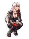  1girl alternate_costume bangs blue_eyes breasts cleavage cosplay cross eyebrows_visible_through_hair gloves highres jacket jewelry k&#039;_(kof) kula_diamond large_breasts leather leather_jacket looking_at_viewer necklace simple_background smile syachiiro the_king_of_fighters white_background white_hair 