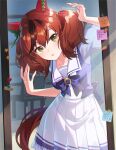  1girl animal_ears brown_eyes chair commentary_request hair_between_eyes highres horse_ears horse_girl horse_tail konatsu_hare looking_at_mirror medium_hair mirror nice_nature_(umamusume) open_mouth red_hair school_uniform solo tail twitter_username umamusume 