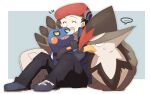  ... 1boy bird black_pants blue_jacket blush closed_eyes closed_mouth croagunk gen_4_pokemon grey_footwear hat highres jacket lucas_(pokemon) male_focus morio_(poke_orio) notice_lines open_mouth pants pokemon pokemon_(creature) pokemon_(game) pokemon_dppt pokemon_platinum red_headwear scarf shoes sitting smile spoken_ellipsis staraptor sweatdrop |d 