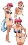  1girl absurdres arm_behind_head arm_support barefoot bikini bikini_tug blue_eyes breasts cleavage closed_mouth collarbone commentary dark_skin english_commentary eyebrows_visible_through_hair eyelashes hair_rings hat highres holding holding_innertube innertube joy_(pokemon) knees leaning_forward long_hair looking_at_viewer looking_to_the_side multiple_views navel nurse_cap open_mouth pink_hair pokemon pokemon_(anime) pokemon_(classic_anime) shiny shiny_hair shiny_skin simple_background sitting smile standing suitenan swimsuit tan tanlines toes white_background white_headwear 