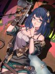  1girl absurdres black_hair blue_eyes breasts cleavage ear_piercing finger_to_mouth glasses gloves graffiti granblue_fantasy hairband highres illnott large_breasts paint_gun piercing ribbed_shirt shirt shorts shushing single_glove umiboozu_(uminoyoukai) 