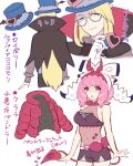  1boy 1girl avery_(pokemon) blonde_hair blue_eyes blue_headwear breasts brown_capelet capelet character_print cleavage closed_mouth commentary_request covered_navel cravat eyeshadow fake_horns fang fang_out gen_5_pokemon glasses gloves hairband halloween halloween_costume hand_up hat heart highres horns jacket klara_(pokemon) leotard long_hair makeup mole mole_under_mouth pink_eyeshadow pink_hair pink_lips pokemon pokemon_(game) pokemon_swsh red_hairband round_eyewear scolipede sheer_leotard short_shorts shorts smile swoobat tail translation_request tudurimike white_gloves 
