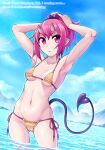  1girl absurdres armpits bare_arms bare_shoulders bikini blue_sky breasts cameltoe closed_mouth day demon_horns demon_tail dutch_angle geewhy hair_bobbles hair_ornament hands_above_head hands_up highres horns lake looking_at_viewer medium_breasts navel original outdoors pink_hair ponytail red_eyes side-tie_bikini sky solo standing swimsuit tail wading yellow_bikini 