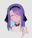  1girl :t bare_shoulders black_choker black_hairband blush choker collarbone commentary_request dated eyebrows_visible_through_hair eyes_visible_through_hair gangzi_(vtuber) grey_background hair_over_one_eye hairband hayoou02 highres indie_virtual_youtuber korean_commentary long_hair one_eye_covered portrait pout purple_hair sideways_glance signature simple_background solo virtual_youtuber yellow_eyes 