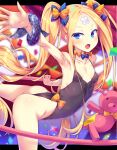  1girl :d abigail_williams_(fate) armpits ass bandage_on_face bandages black_swimsuit blonde_hair blue_bow blue_eyes bow bow_swimsuit breasts covered_nipples fang fate/grand_order fate_(series) hair_bow leaning_forward long_hair one-piece_swimsuit open_mouth orange_bow small_breasts smile solo stuffed_animal stuffed_toy swimsuit teddy_bear toraishi_666 very_long_hair 