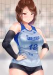  1girl absurdres blush breasts brown_hair detached_sleeves elbow_pads hands_on_hips highres jersey looking_at_viewer motion_lines original red_eyes sak1023 shiny shiny_hair shiny_skin short_hair sleeveless sportswear sweat sweaty_clothes uniform volleyball volleyball_net volleyball_uniform 