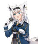  1girl :d ahoge animal_ears aqua_eyes ascot bangs black_hairband blue_jacket bow bowtie braid collared_shirt commentary cowboy_shot ear_piercing earrings fox_ears fox_girl fox_tail gloves grey_skirt hair_between_eyes hairband holding holding_microphone hololive jacket jewelry kuma.fishs long_hair long_sleeves microphone music official_alternate_costume open_mouth piercing shirakami_fubuki shirt side_braid silver_hair simple_background singing single_earring skirt sleeve_cuffs smile solo tail underbust victorian virtual_youtuber white_background white_gloves white_shirt 