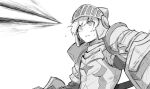  1girl armor attack fate/grand_order fate_(series) full_armor gareth_(fate) greyscale helmet highres kan_(aaaaari35) monochrome motion_blur pauldrons shield shoulder_armor white_background 