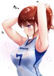  1girl armpits arms_up blush breasts brown_hair covered_nipples dripping highres jersey looking_ahead medium_breasts motion_lines original purple_eyes sak1023 shiny shiny_hair simple_background sportswear steam sweat sweaty_clothes tying_hair uniform volleyball volleyball_uniform white_background 