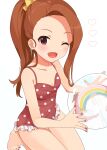  1girl :d ball beachball blush brown_hair dot_nose fingernails highres holding holding_ball idolmaster idolmaster_(classic) idolmaster_million_live! idolmaster_million_live!_theater_days inuyama_nanami kneeling long_hair looking_at_viewer minase_iori nail_polish one-piece_swimsuit one_eye_closed open_mouth polka_dot polka_dot_swimsuit ponytail red_eyes red_nails red_swimsuit smile solo swimsuit thigh_gap toenail_polish toenails 