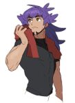  1boy alternate_costume bangs black_shirt closed_mouth dark-skinned_male dark_skin eyebrows_visible_through_hair facial_hair frown hand_up leon_(pokemon) long_hair looking_back male_focus morio_(poke_orio) pokemon pokemon_(game) pokemon_swsh purple_hair red_towel shirt short_sleeves simple_background sketch solo sweat towel towel_around_neck upper_body white_background yellow_eyes 