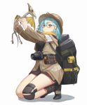  1girl backpack bag blue_hair camera chinese_commentary commentary_request dinosaur fern_(girls&#039;_frontline_nc) girls&#039;_frontline girls&#039;_frontline_neural_cloud glasses hat helmet holding jacket kneeling medium_hair pith_helmet scarf shorts skeleton smile soeyumi solo white_background yellow_eyes yellow_scarf 