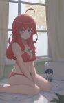  1girl ahoge bangs bed between_legs blue_eyes blush bra breasts cleavage closed_mouth curtains doll eyebrows_visible_through_hair foot_out_of_frame go-toubun_no_hanayome hair_ornament hand_between_legs highres indoors lace-trimmed_bra lace_trim long_hair looking_at_viewer medium_breasts nakano_itsuki panties petals pillow red_bra red_panties shadow sitting solo star_(symbol) star_hair_ornament uesugi_fuutarou underwear underwear_only wariza window yihsien 