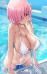  1girl alternate_breast_size bikini blush breasts cleavage collarbone eyebrows_visible_through_hair fate/grand_order fate_(series) feet_out_of_frame hair_over_one_eye highres huge_breasts looking_at_viewer mash_kyrielight navel pink_hair poolside purple_eyes smile solo sparkle splashing swimsuit untue white_bikini 