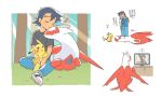  1boy ash_ketchum bangs black_hair blue_jacket blue_pants claws closed_eyes closed_mouth commentary_request dododo_dadada fingerless_gloves gen_1_pokemon gen_3_pokemon gloves grass green_gloves grey_shirt heart jacket kiss latias legendary_pokemon male_focus on_lap pants pikachu pokemon pokemon_(anime) pokemon_(classic_anime) pokemon_(creature) pokemon_on_lap raised_eyebrows shirt shoes short_hair sitting smile sneakers standing t-shirt television translation_request tree |d 