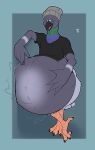  2021 4_fingers 4_toes abdominal_bulge after_vore alternate_version_at_source anisodactyl anthro anthro_pred avian beak beanie belly big_belly biped bird bird_feet black_beak black_claws black_clothing black_eyebrows black_shirt black_topwear blue_body blue_feathers bottomless claws clothed clothing columbid dated digital_media_(artwork) digitigrade eyebrows eyes_closed feathers feet fingers flat_colors green_body green_feathers grey_body grey_feathers grey_tail hand_on_stomach hat headgear headwear hi_res holding_belly hyper hyper_belly male male_pred motion_lines multicolored_body multicolored_feathers open_beak open_mouth pigeon pink_tongue purplelove_(artist) realsadboihours same_size_vore scutes shirt signature soft_vore solo struggling tail_feathers toe_claws toes tongue topwear unseen_character vore 