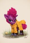  2021 assasinmonkey blue_eyes boots broken_horn clothed clothing coat equid equine female feral footwear friendship_is_magic hair hasbro hi_res horn mammal my_little_pony my_little_pony:_the_movie_(2017) outside pink_hair purple_body purple_horn quadruped raincoat scar solo standing teeth tempest_shadow_(mlp) topwear unicorn unicorn_horn 
