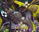  anus belly big_belly claws dragon egg female feral field flower genitals glowing glowing_pawpads glowing_tongue hindpaw horn lying membrane_(anatomy) membranous_wings on_back oviposition pawpads paws plant pregnant pregnant_female pussy scalie solo spikes thedinosaurmann tongue wings 