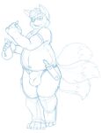  2018 anthro balls_outline belly bottomwear bravo bulge canid canine clothing eyewear fox genital_outline glasses humanoid_hands loincloth male mammal money_bag navel overweight overweight_male penis_outline simple_background sketch solo white_background 