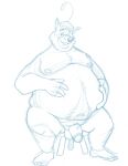  2018 anthro balls belly bravo canid canine canis clothing disney flaccid genitals hat headgear headwear hi_res humanoid_genitalia humanoid_hands humanoid_penis male mammal moobs navel nipples overweight overweight_male penis robin_hood_(disney) sheriff_of_nottingham simple_background sitting sketch solo white_background wolf 