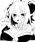  2013 black_and_white clothing cute_fangs female horn humanoid japanese_text mofuaki monochrome open_mouth simple_background smile solo text translation_request white_background 