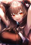  1girl absurdres angelina_(arknights) animal_ears arknights armpits breasts brown_hair fang highres hk_nnm infection_monitor_(arknights) long_hair looking_at_viewer medium_breasts open_mouth red_eyes smile solo teeth upper_body 