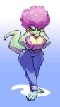  afro anthro big_breasts bigdad bottomwear breast_grab breasts cleavage clothed clothing crocodilian denim denim_clothing donkey_kong_(series) ear_piercing ear_ring female green_body green_scales hair hand_on_breast hi_res hoop_earrings huge_breasts jeans kalypso kremling nintendo pants piercing pink_hair reptile scales scalie solo video_games wide_hips 