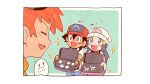  1boy 2girls :d ash_ketchum badge bangs baseball_cap beanie black_hair blue_eyes blue_pants blush border case closed_eyes commentary_request dawn_(pokemon) dododo_dadada eyelashes fingerless_gloves gloves grey_gloves hair_between_eyes hat holding jacket long_hair multiple_girls open_mouth orange_hair pants pokemon pokemon_(anime) pokemon_dppt_(anime) red_headwear scarf short_hair short_sleeves sleeveless smile sparkle speech_bubble tongue translation_request white_border white_headwear zoey_(pokemon) |d 