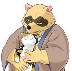  2021 anthro black_nose brown_body brown_fur canid canine carrying clothed clothing domestic_cat duo eyes_closed felid feline felis feral fur green_eyes hi_res humanoid_hands hysk kemono male mammal raccoon_dog sengoku_puzzle simple_background slightly_chubby tanuki tokugawa_ieyasu video_games white_background 