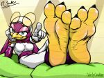  3_toes 4:3 5_fingers anthro avian bird bird_feet breasts claws clothed clothing cornchip21 eyewear feet female fingers foot_focus gesture glasses gloves handwear hirundinid looking_at_viewer midriff oscine passerine pointing pointing_at_viewer screampunk sega soles solo sonic_riders sonic_the_hedgehog_(series) swallow_(bird) talons toe_claws toes wave_the_swallow 