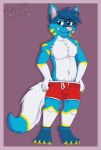  2021 anthro balls_outline biped blue_ears blue_hair border boxers_(clothing) bulge canid canine cheek_tuft chest_tuft claws clothed clothing clothing_pull colored_nails cute_fangs detailed_bulge dipstick_tail eyebrow_through_hair eyebrows facial_tuft fur gaokun genital_outline gloves_(marking) grey_eyes grin hair hand_in_underwear hi_res inner_ear_fluff looking_aside male mammal markings multicolored_body multicolored_ears multicolored_fur multicolored_tail nails narrowed_eyes neck_tuft partially_clothed pink_border pink_inner_ear pink_nose red_clothing red_underwear sheath_outline simple_background smile smirk smug solo toe_claws translucent translucent_hair tuft two_tone_ears underwear watermark white_body white_fur yellow_body yellow_fur yellow_nails 