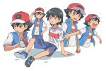  1boy ash_ketchum bangs baseball_cap black_hair blue_jacket brown_eyes bubble commentary_request dododo_dadada grin hair_between_eyes hand_on_headwear hand_on_hip hat holding holding_poke_ball jacket male_focus multiple_views open_mouth outstretched_arms parted_lips poke_ball pokemon pokemon_(anime) pokemon_swsh_(anime) red_headwear shirt shoes short_sleeves shorts sleeveless sleeveless_jacket smile t-shirt teeth tongue upper_teeth wet white_shirt |d 