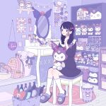  1girl absurdres black_dress black_footwear black_hair desk dress hair_ribbon hand_up highres kuromi long_hair long_sleeves mirror onegai_my_melody original purple_hair purple_ribbon purple_theme ribbon shelf sitting slippers socks solo stool stuffed_animal stuffed_toy trash_can white_legwear wide_shot yoshimon 