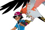  1boy ash_ketchum baseball_cap bird black_gloves black_hair black_shirt blue_jacket brown_eyes closed_mouth commentary_request dododo_dadada fingerless_gloves gen_6_pokemon gloves hat jacket male_focus pokemon pokemon_(anime) pokemon_(creature) pokemon_on_arm pokemon_xy_(anime) purple_headwear shirt short_hair short_sleeves t-shirt talonflame upper_body 