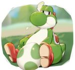  2020 ambiguous_gender egg feathers grass looking_at_viewer mario_bros mofuaki nintendo plant simple_background sitting solo video_games white_background yoshi 