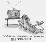  2021 anthro big_bird biped clothed clothing digital_media_(artwork) english_text hi_res kermit_the_frog lagomorph leporid long_ears lying male mammal monochrome muppets on_front rabbit savaj savaj_bunny sesame_street solo television text watching_tv 