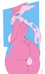  absurd_res anthro backsack balls big_butt blazethefox breasts butt fangs genitals greninja gynomorph hi_res intersex long_tongue looking_back nintendo nude pink_body pok&eacute;mon pok&eacute;mon_(species) side_boob tongue tongue_out video_games 