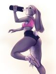  2021 absurd_res anthro bottomwear butt_pose clothing disney drinking eyebrows eyelashes eyes_closed female footwear grey_body hi_res holding_object judy_hopps lagomorph leporid mammal monian open_mouth pink_nose pose rabbit scut_tail shirt shoes shorts simple_background solo tank_top topwear water_bottle white_background zootopia 
