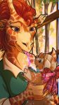  anthro blouse bow_(disambiguation) breath clothing female giraffe giraffid happy hi_res legend_of_ahya magic mammal marle_talbender_(darkflamewolf) plant plushie ribbons skiaskai solo topwear toy tree 