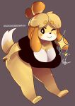  animal_crossing anthro big_breasts blonde_hair bottomless breasts canid canine canis cleavage clothed clothing domestic_dog female hair hi_res isabelle_(animal_crossing) leaning leaning_forward mammal nintendo one_eye_closed rizkitsuneki shih_tzu solo toy_dog video_games wink 