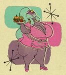  bangs blue_hair burger clothing female food fries hair halftone hi_res humanoid line_art mareanie maria_calaveras mature_female nintendo overweight overweight_female pok&eacute;mon pok&eacute;mon_(species) pseudo_hair purple_body purple_skin retro solo spikes tentacle_hair tentacles video_games vintage waitress_outfit 