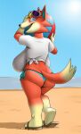  animal_crossing anthro audie_(animal_crossing) ball beach beach_ball big_breasts bikini breasts butt canid canine canis clothing creatiffy eyewear eyewear_on_head female footwear hi_res holding_ball holding_object huge_breasts inflatable mammal nintendo sandals seaside side-tie_bikini solo sunglasses sunglasses_on_head swimwear video_games wolf 