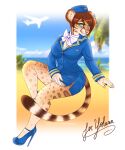  5:6 absurd_res aircraft airplane anthro beach blue_eyes bow_tie breasts brown_hair claws clothed clothing costume felid felidae feline female flight_attendant fur hair hi_res high_heels leopardus mammal ocelot pawpads piiu piiunivers seaside sitting smile solo uniform 