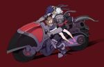  accessory ai anthro armor bandai_namco beelzemon biker blonde_hair bow_ribbon brown_hair clothed clothing digimon digimon_(species) duo female footwear gauntlets gloves hair hair_accessory hair_bow hair_ribbon handwear human long_hair male male/female mammal mask motorcycle on_lap red_background ribbons shoes simple_background socks vehicle zaket07 