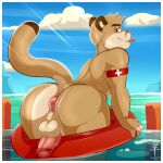  1:1 2021 aaron_(artist) anthro balls border butt cougar felid feline genitals hi_res lidded_eyes lifeguard male mammal penis solo thick_butt tongue tongue_out water white_border young 